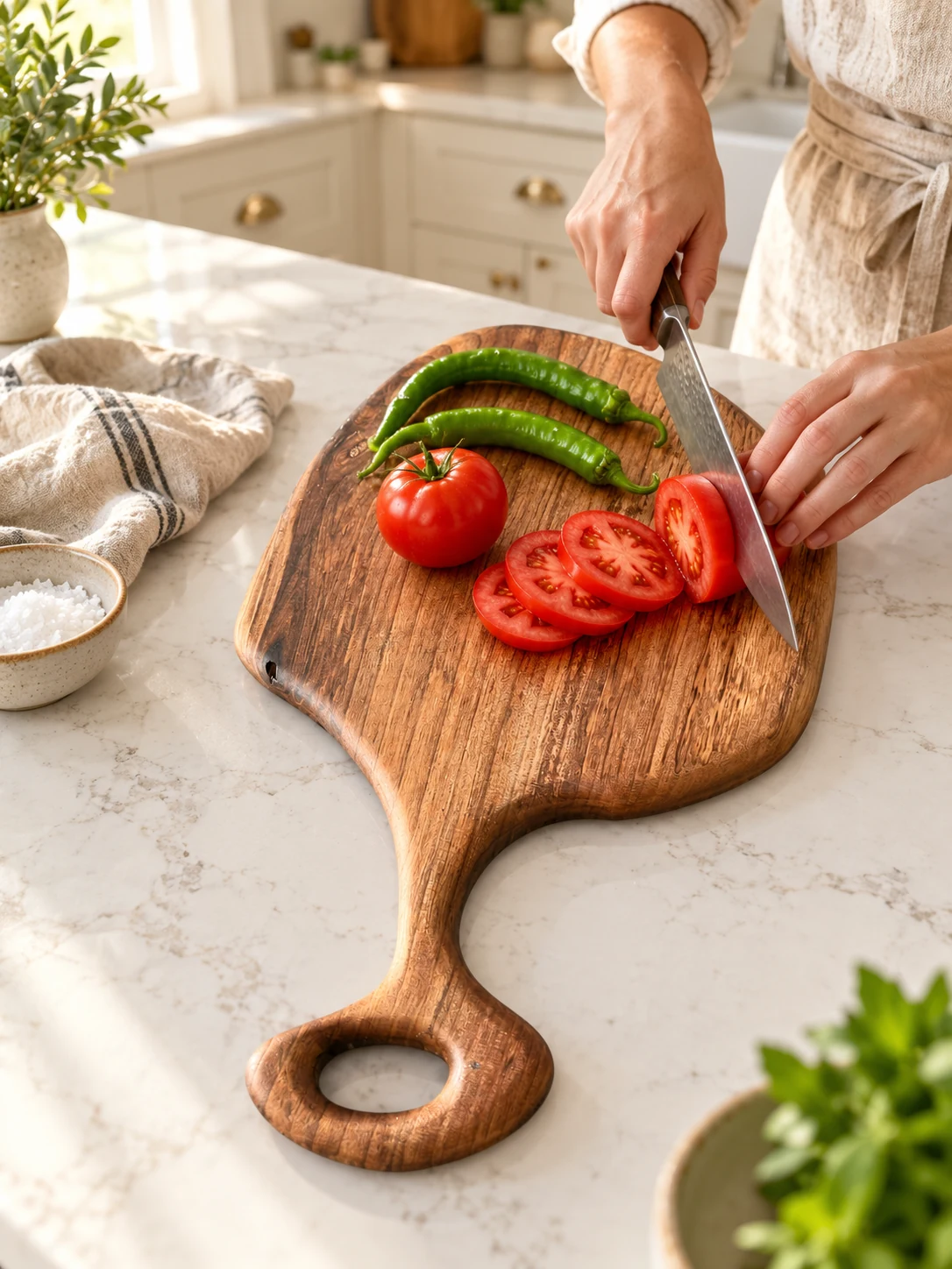 American farmhouse kitchen scene showing vegetables sliced on the organic walnut paddle cutting board
