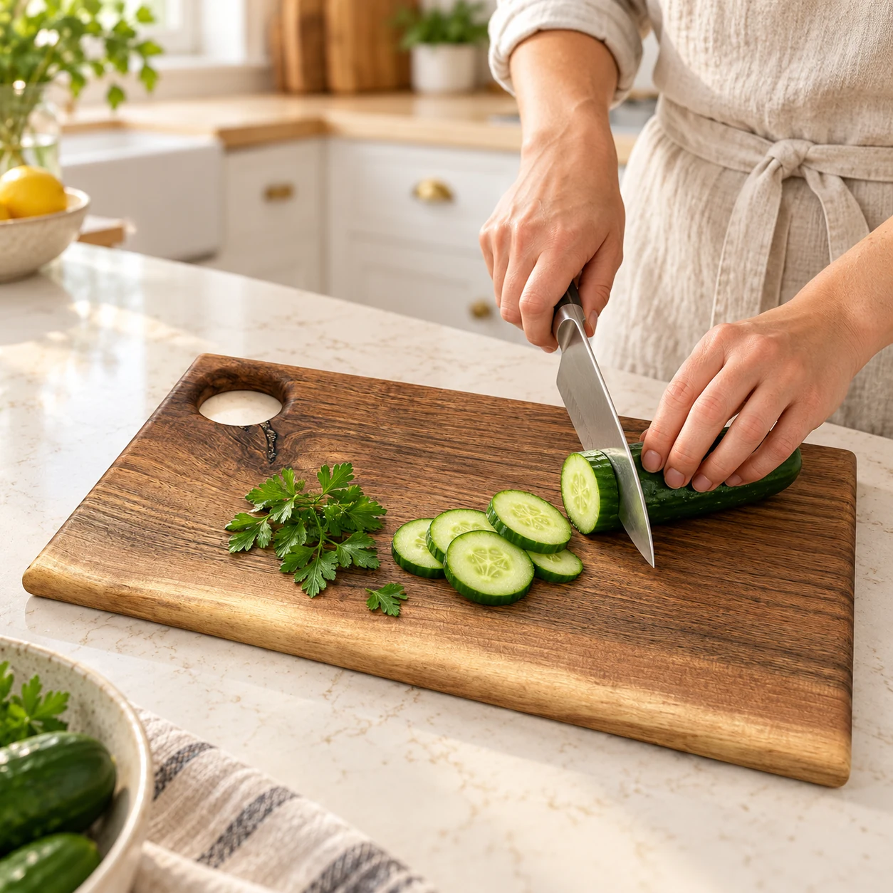 American farmhouse kitchen scene showing vegetables sliced on the walnut cutting board with corner hole