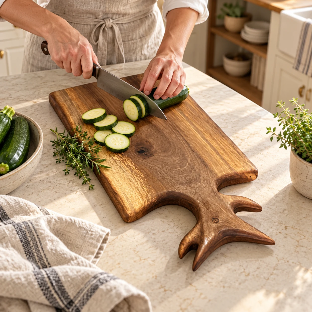 American farmhouse kitchen scene showing vegetables sliced on the walnut cutting board with sculpted handle