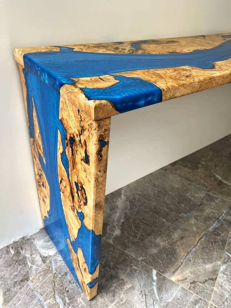 200-300 Year-Old Olive Wood Live Edge Console Table with Epoxy Resin River & Modern Hairpin Legs