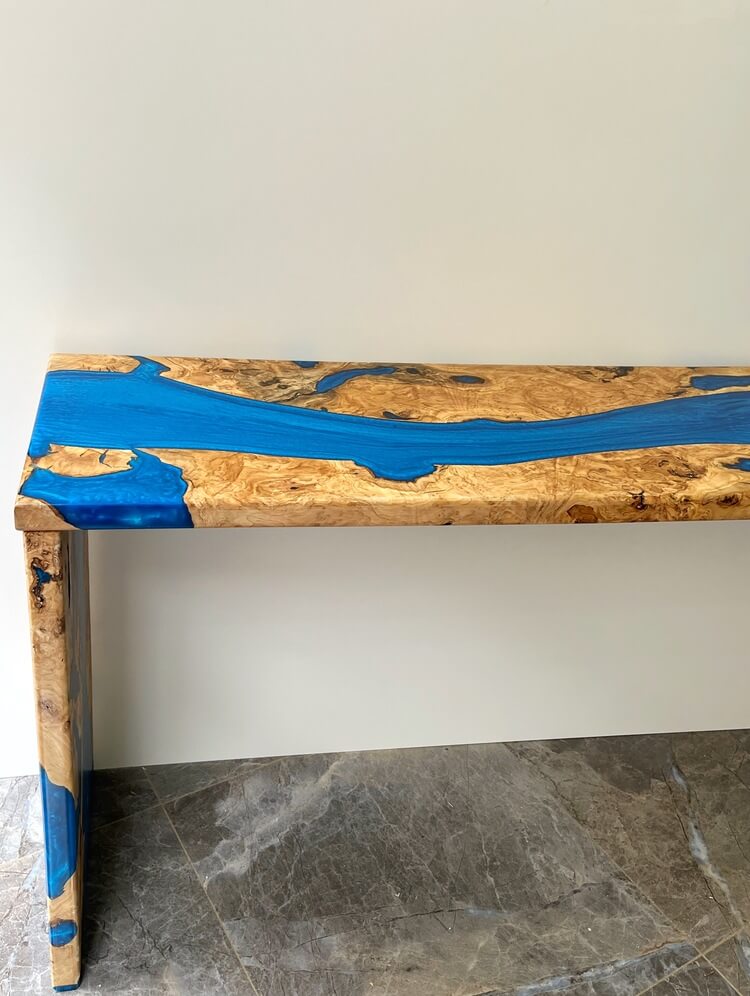 200-300 Year-Old Olive Wood Live Edge Console Table with Epoxy Resin River & Modern Hairpin Legs