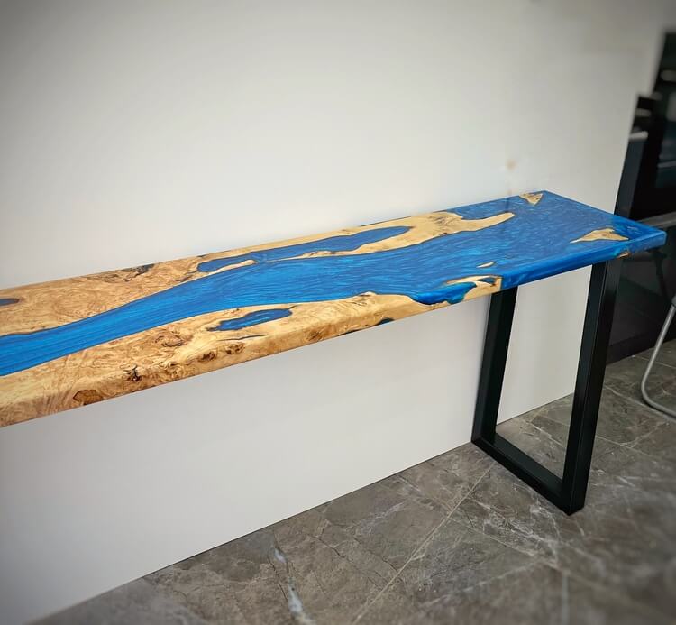 200-300 Year-Old Olive Wood Live Edge Console Table with Epoxy Resin River & Modern Hairpin Legs