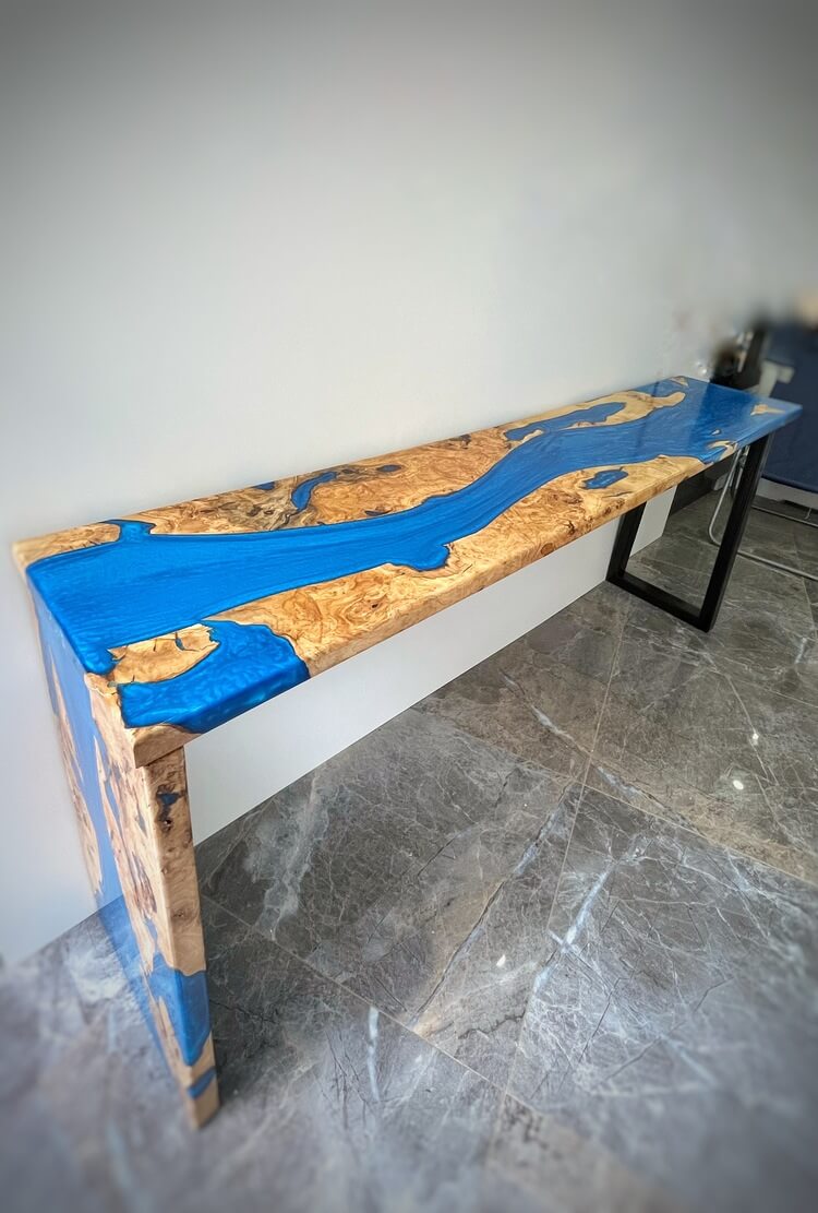 200-300 Year-Old Olive Wood Live Edge Console Table with Epoxy Resin River & Modern Hairpin Legs