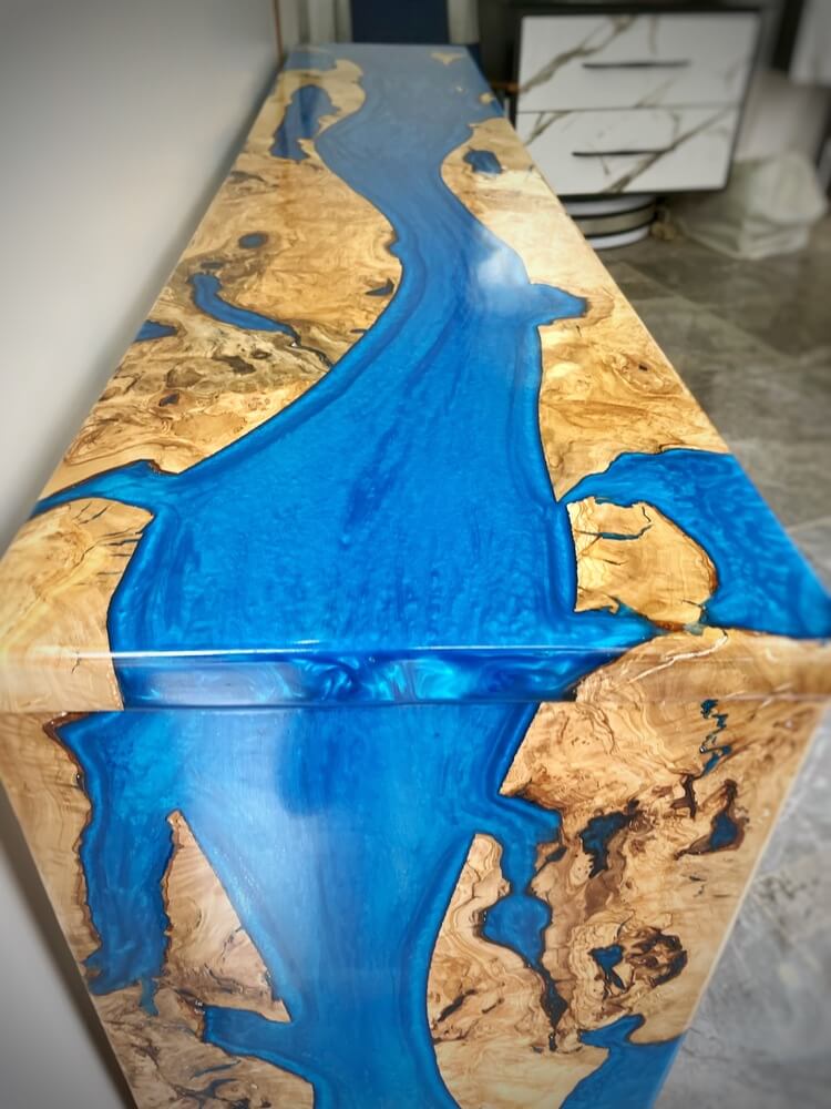 200-300 Year-Old Olive Wood Live Edge Console Table with Epoxy Resin River & Modern Hairpin Legs