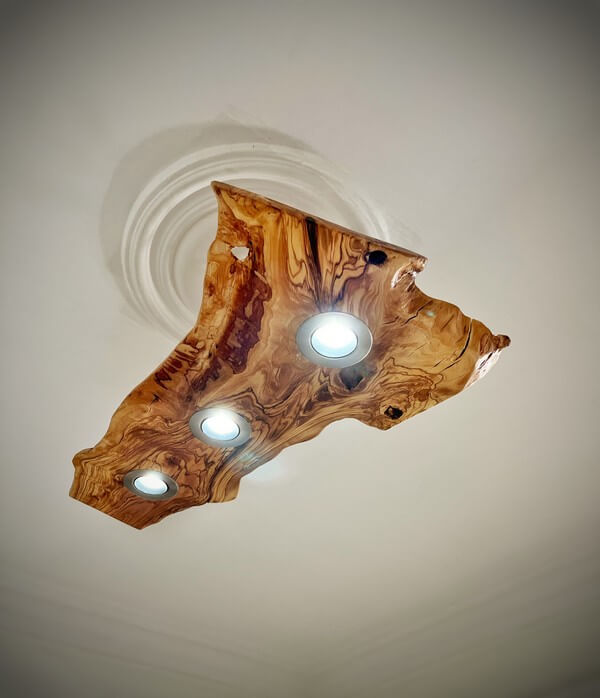 Artisan-Crafted Olive Wood Live Edge Chandelier: A Rustic Spotlight Pendant for Farmhouse and Dining Ambiance