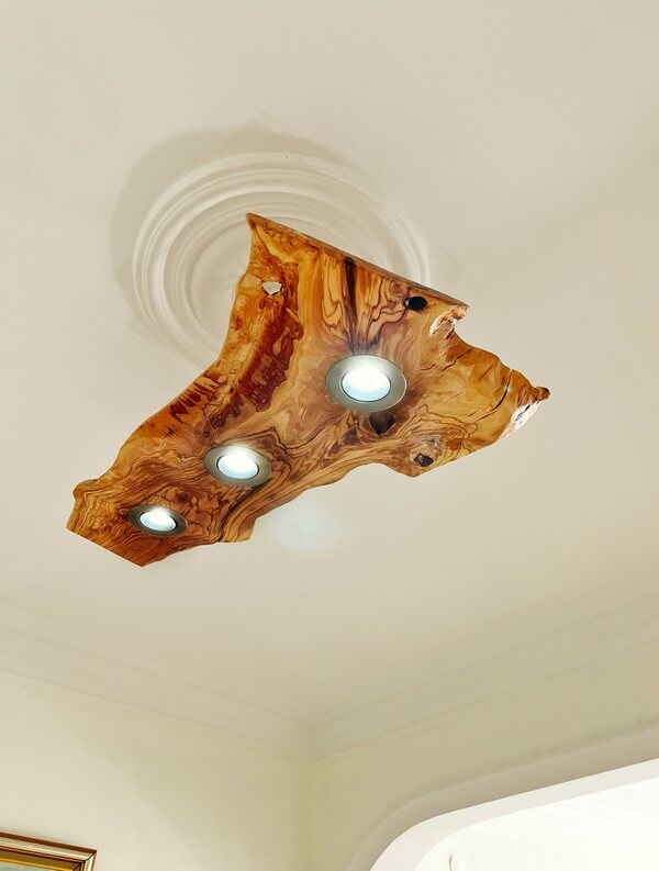 Artisan-Crafted Olive Wood Live Edge Chandelier: A Rustic Spotlight Pendant for Farmhouse and Dining Ambiance