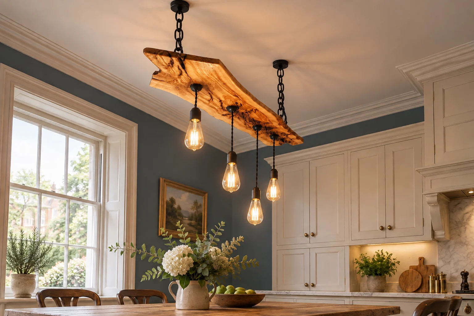 Linear live edge chandelier hanging from black chains in a styled English townhouse kitchen