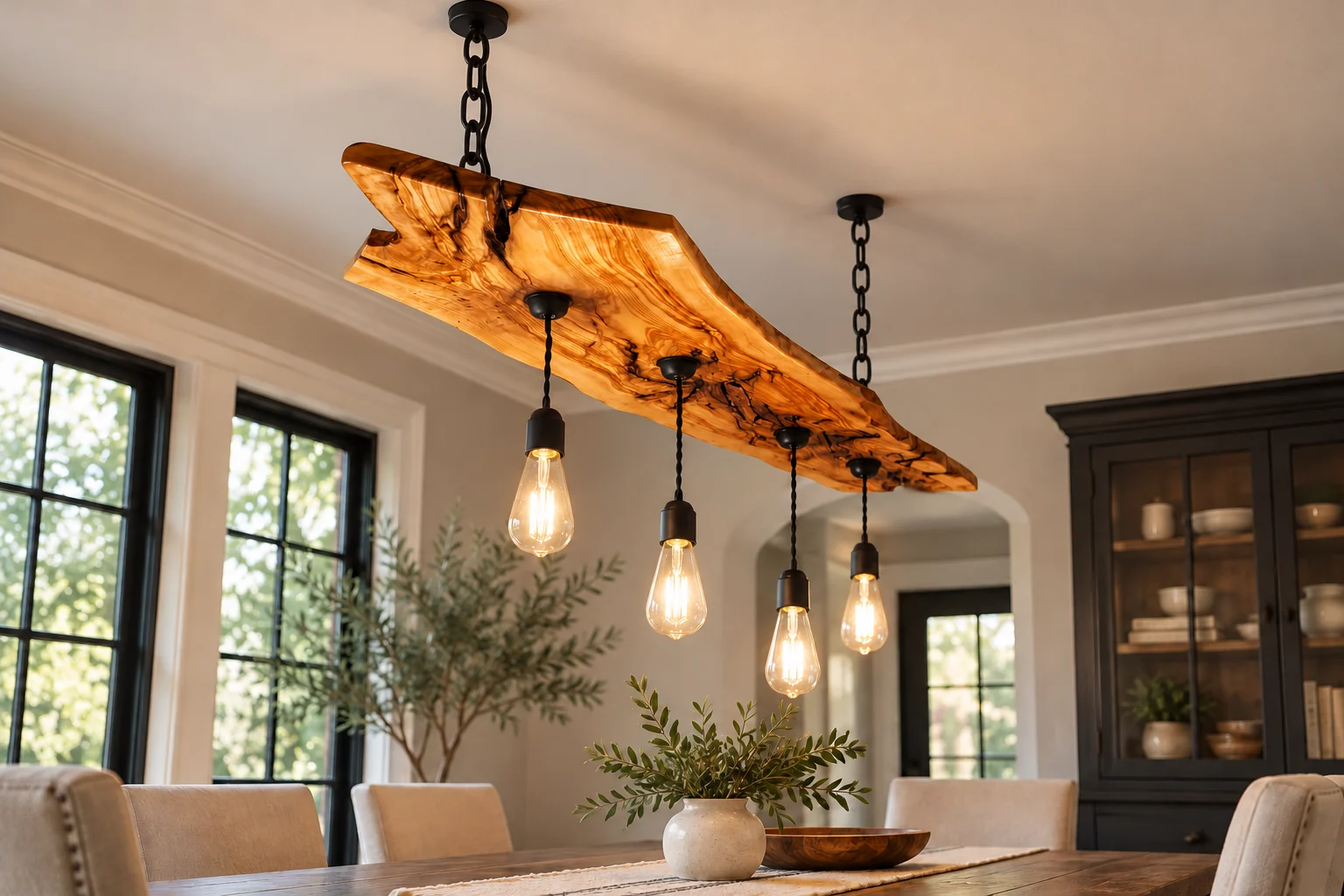 Linear olive wood chandelier suspended on black chains in a styled American farmhouse dining room