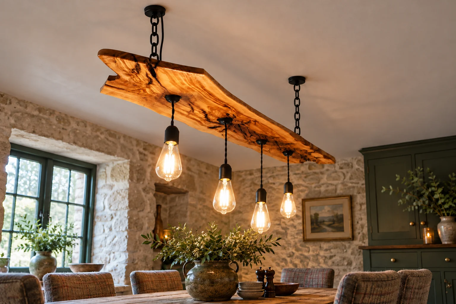 Black-chain olive wood chandelier above a dining table in a styled Scottish stone cottage