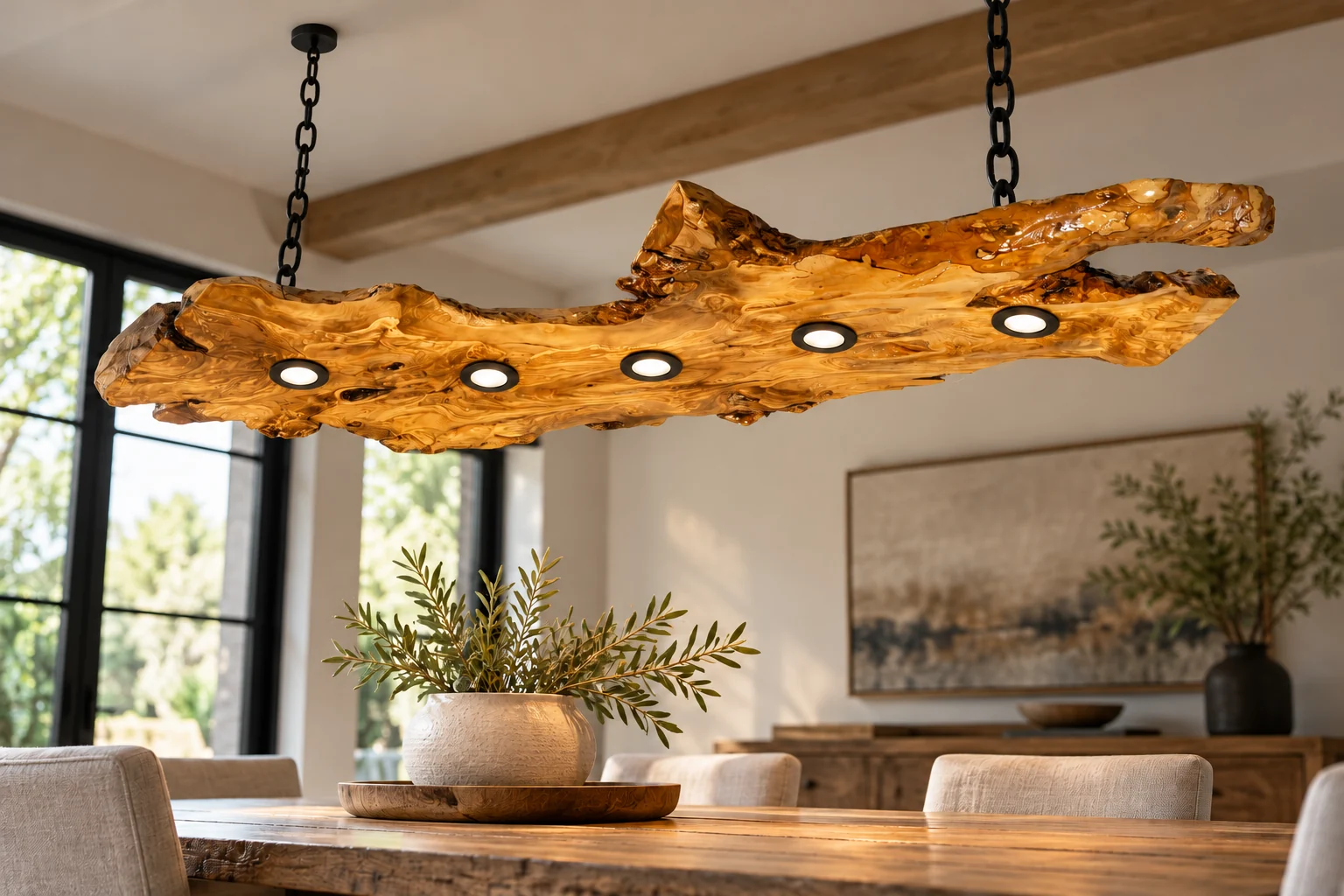 Olive wood live edge spotlight fixture suspended on black chains in a styled American dining room