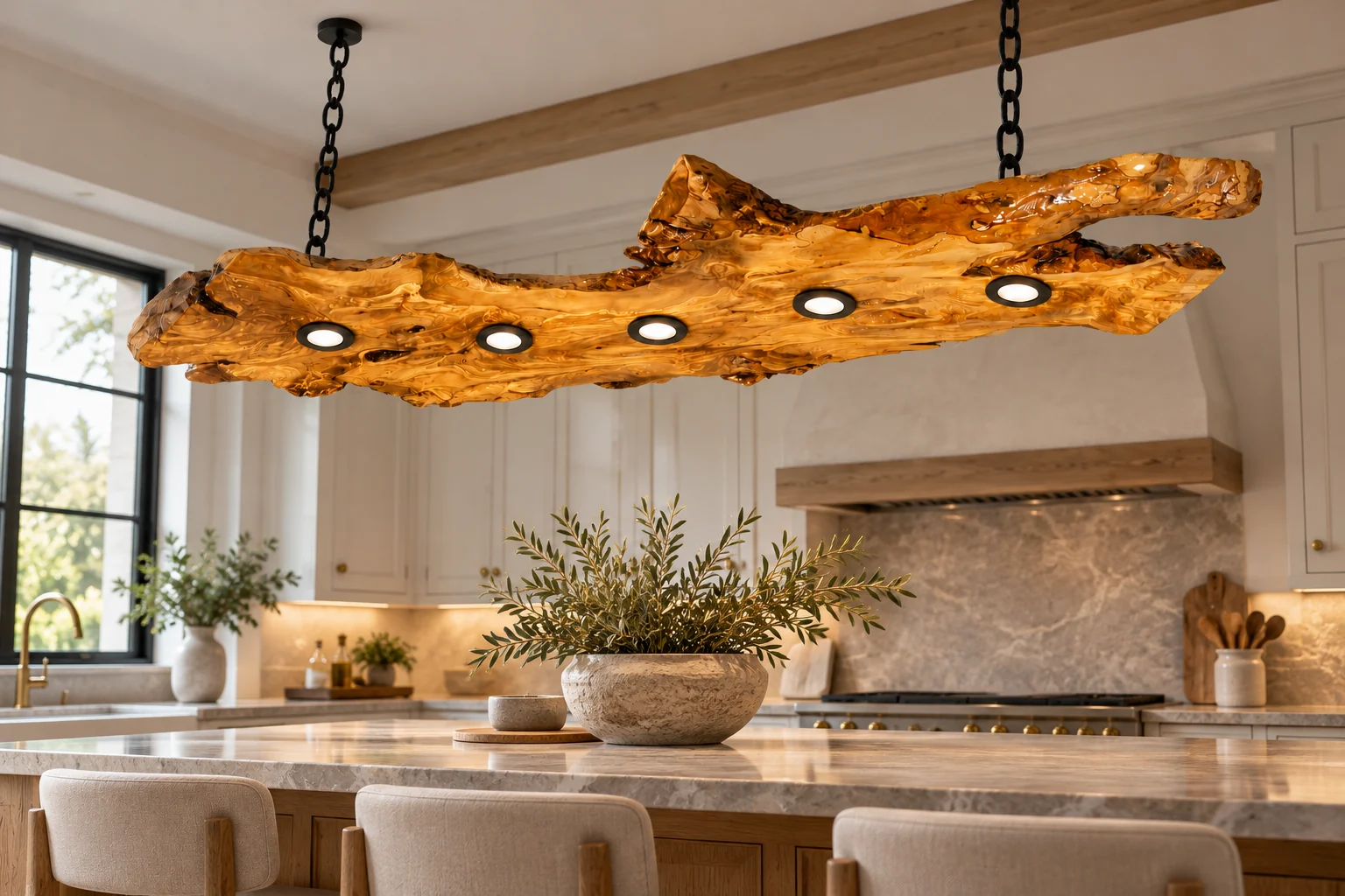 Black-chain olive wood spotlight chandelier above an island in a styled American kitchen