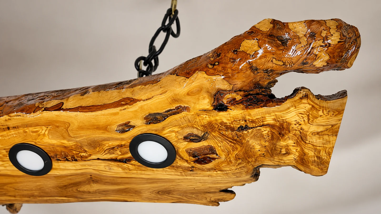 Enhanced close-up of the natural forked olive wood edge, grain and black spotlight bezels