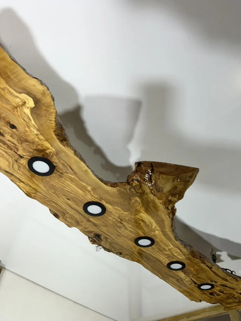 Angled original view of flowing olive wood grain and circular recessed lights