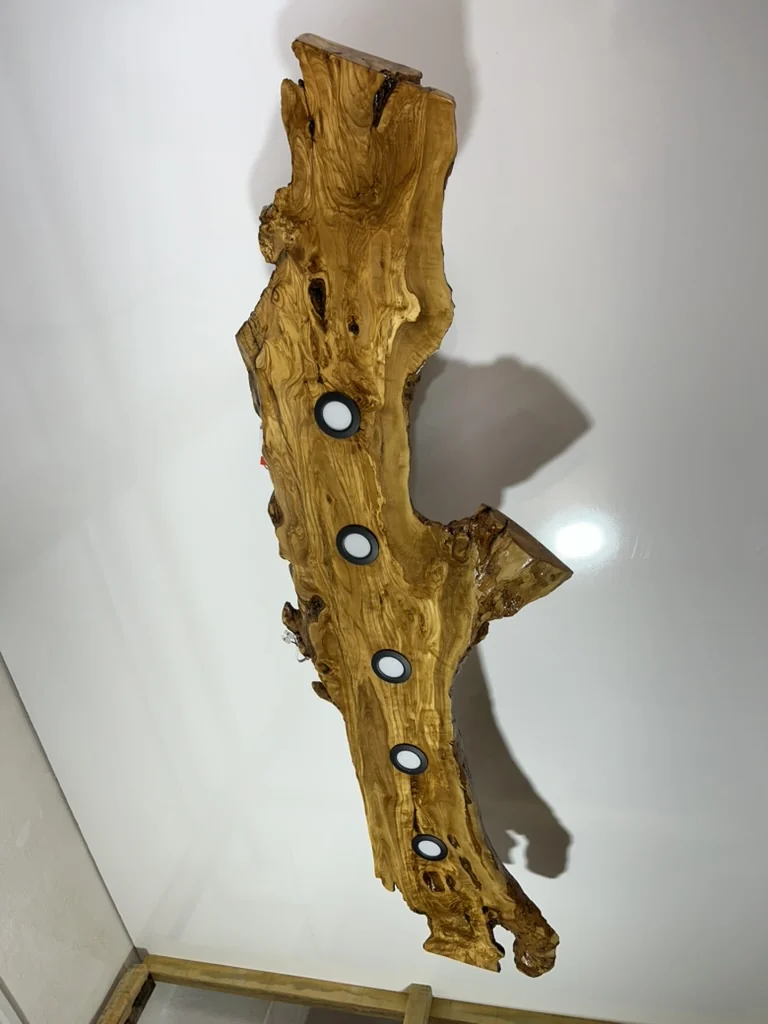 Original underside view of the olive wood slab with five black-rimmed recessed spotlights