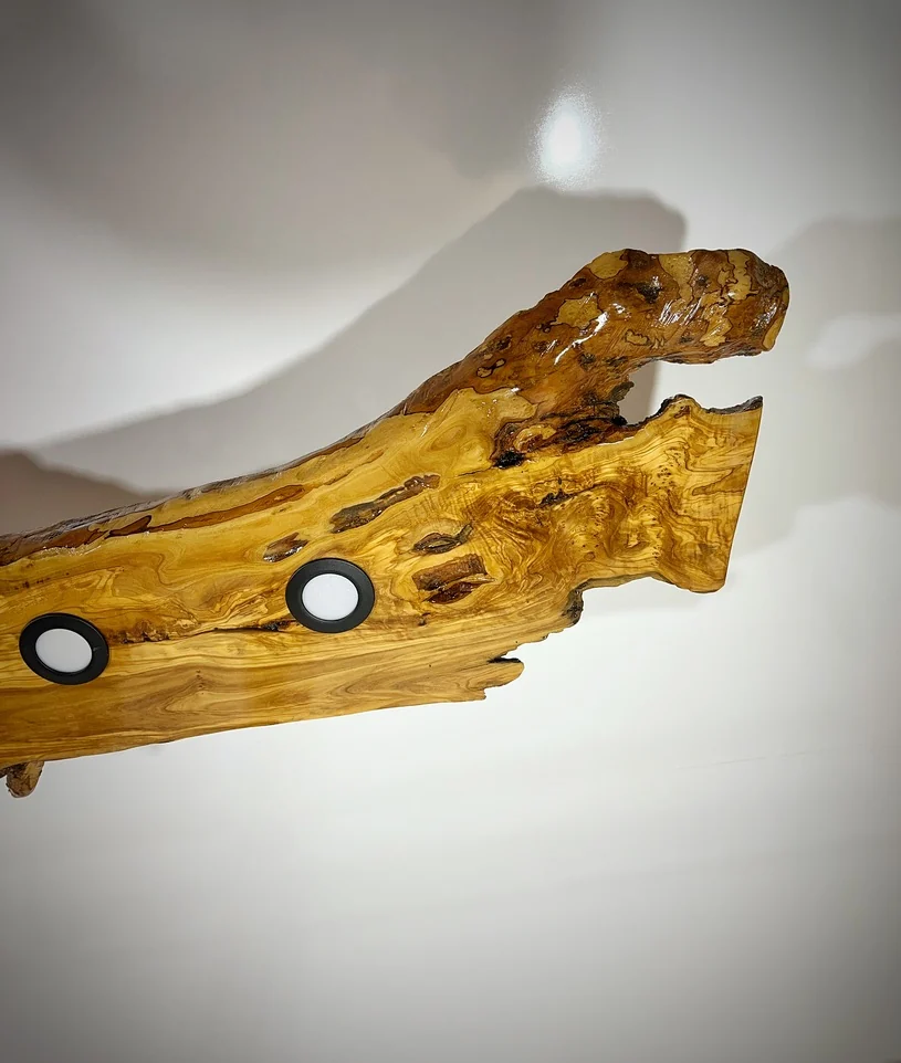 Original close-up of the forked slab end and natural olive wood markings