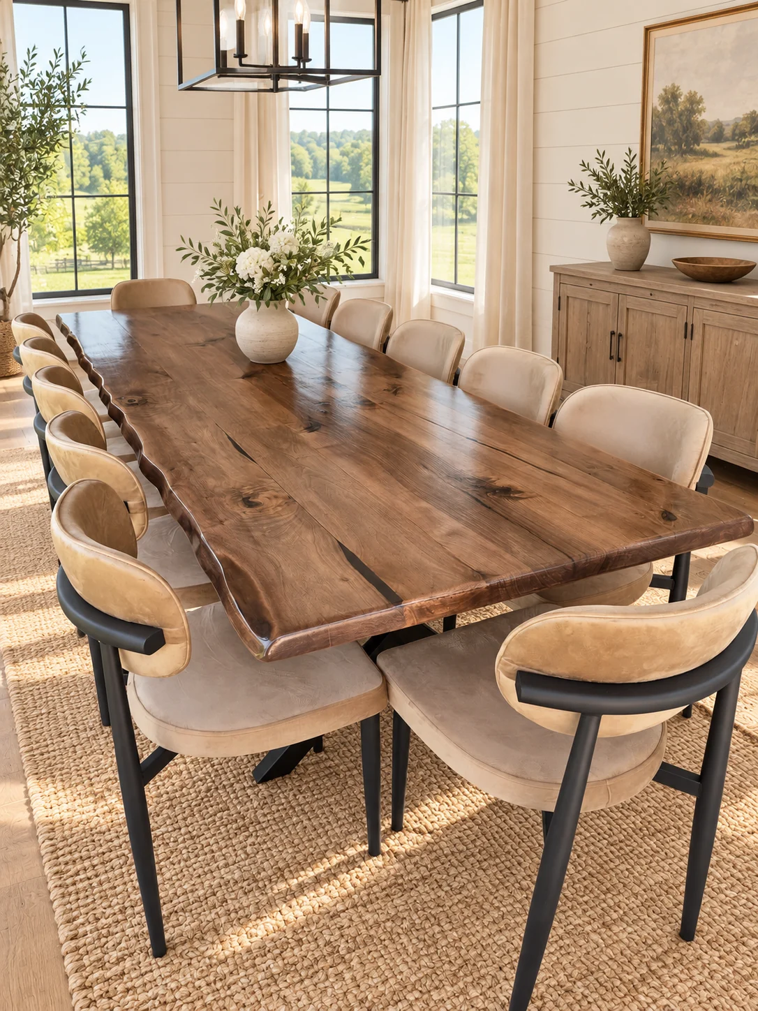 Walnut dining table in a digitally styled bright American farmhouse dining room; chairs not included