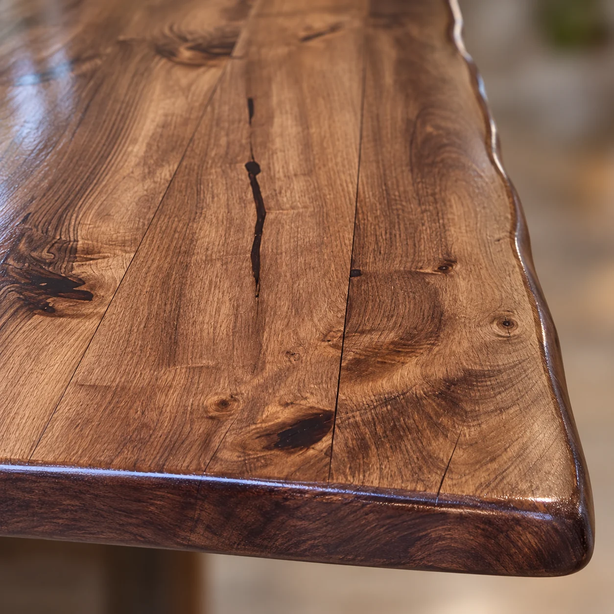 Digitally enhanced close-up reference of the walnut tabletop edge and surface grain