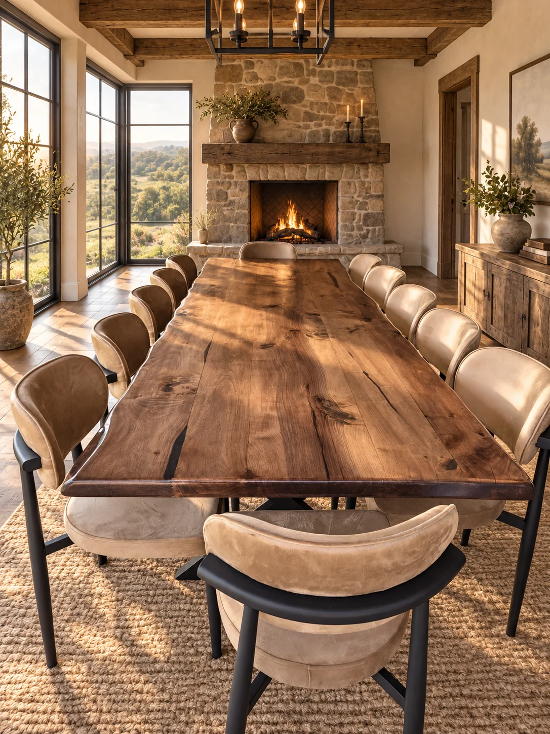 Natural walnut dining table in a digitally styled rustic farmhouse with a stone fireplace; chairs not included