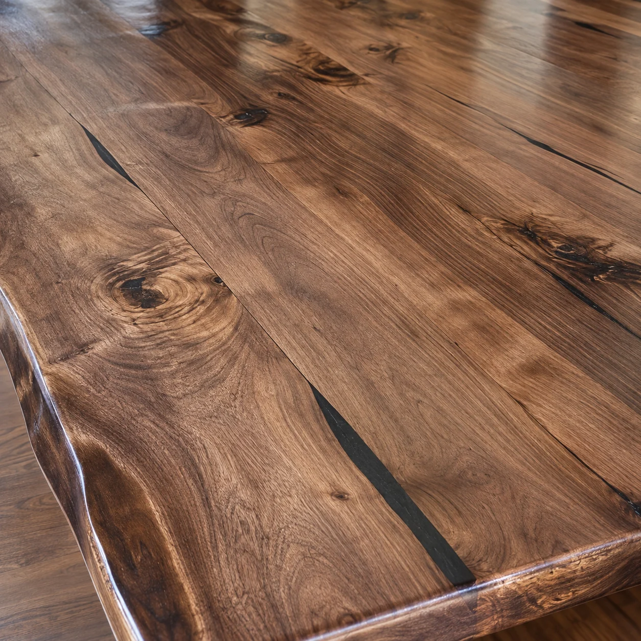 Digitally enhanced close-up reference of walnut grain, knots and natural dark fissures