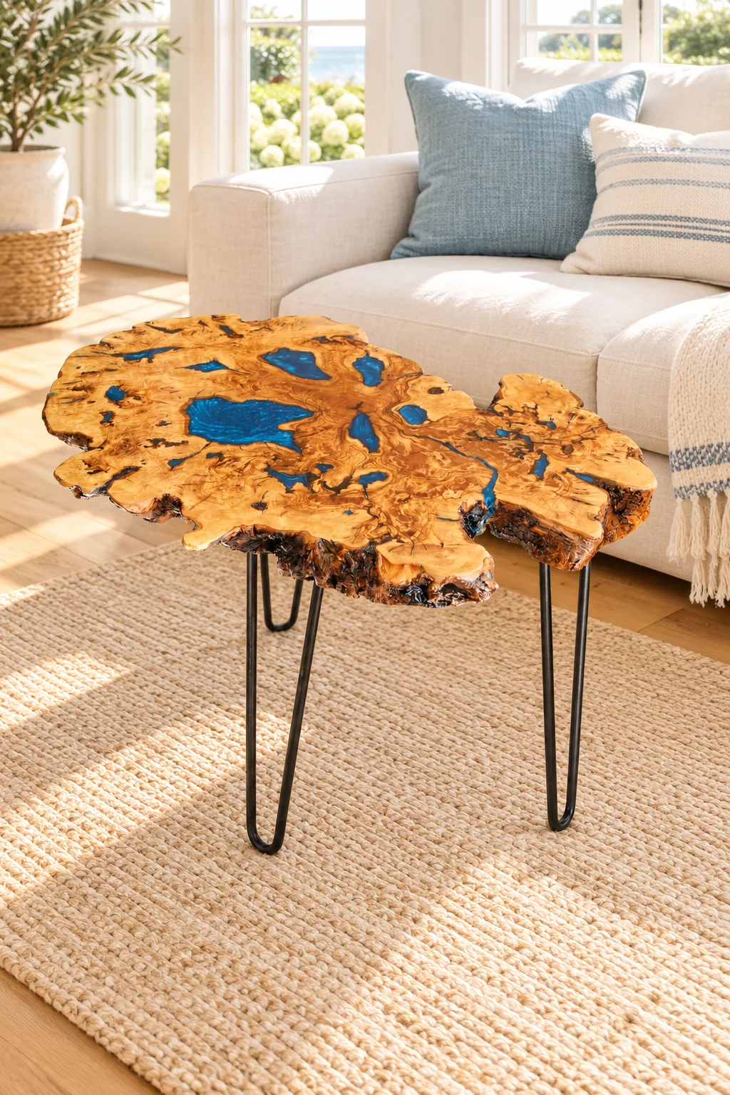 Olive wood live edge coffee table with blue epoxy in a digitally styled American coastal living room