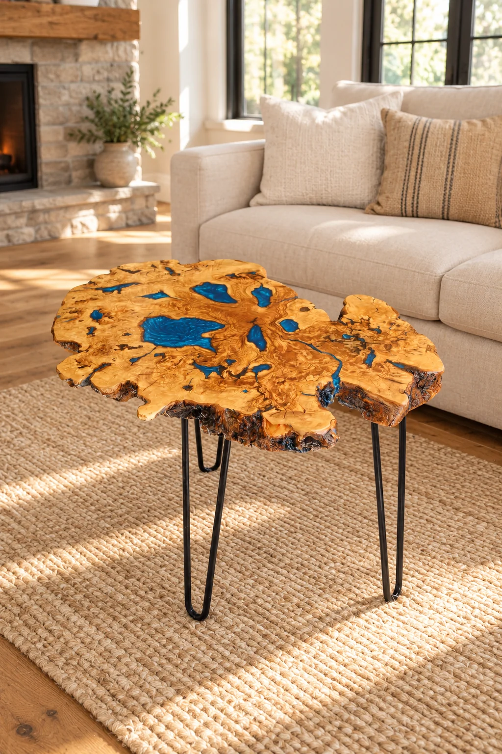 Blue epoxy olive wood coffee table in a digitally styled American farmhouse living room