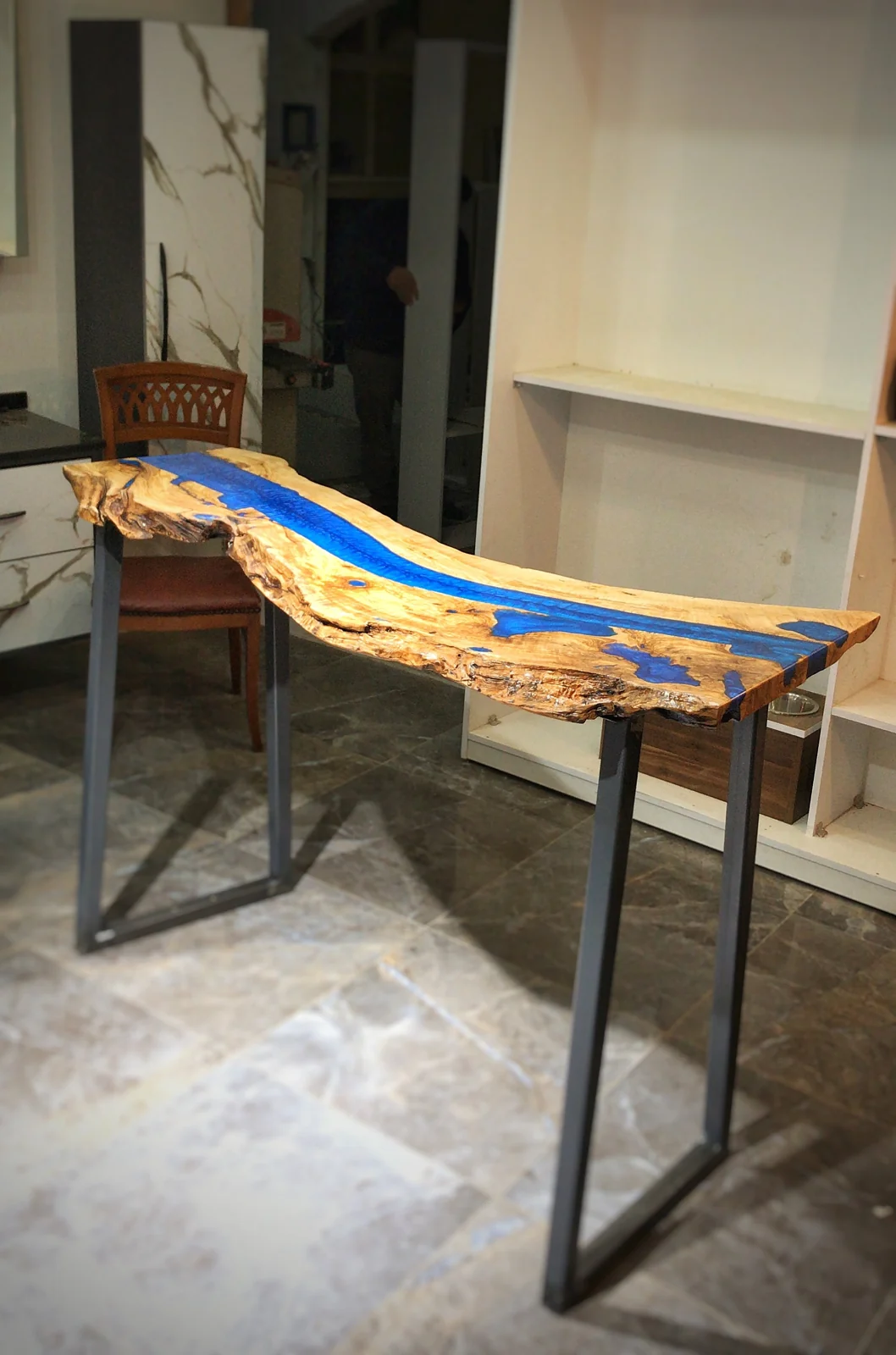 Original olive wood blue epoxy console table on black rectangular metal legs