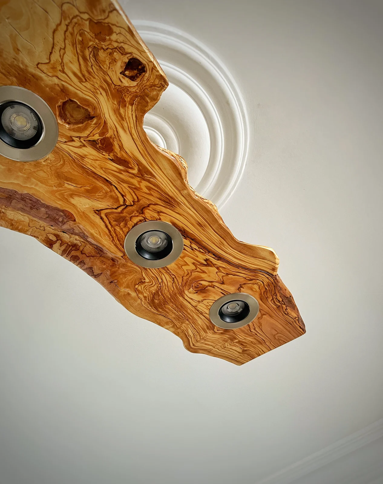 Close-up of olive wood grain and recessed spotlight housings