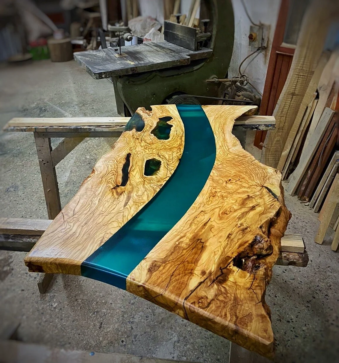 Workshop view of the olive wood epoxy console tabletop from the opposite side