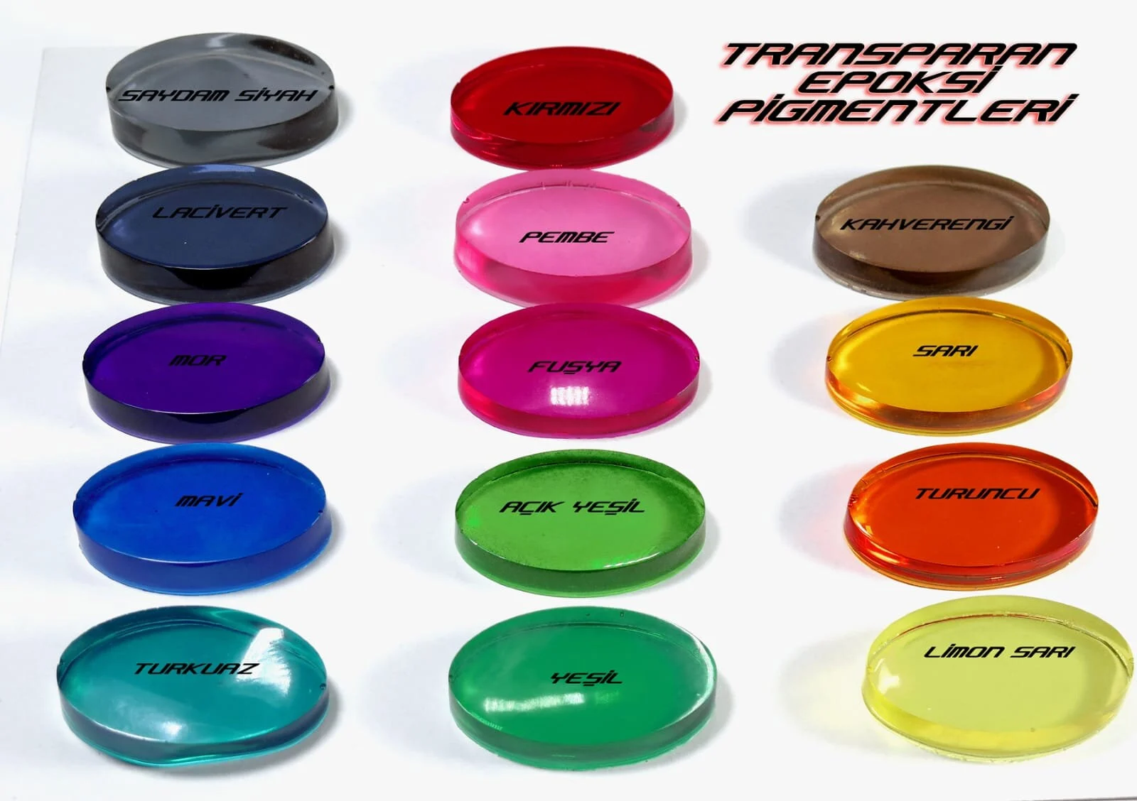 Transparent epoxy resin pigment color reference chart for custom table designs