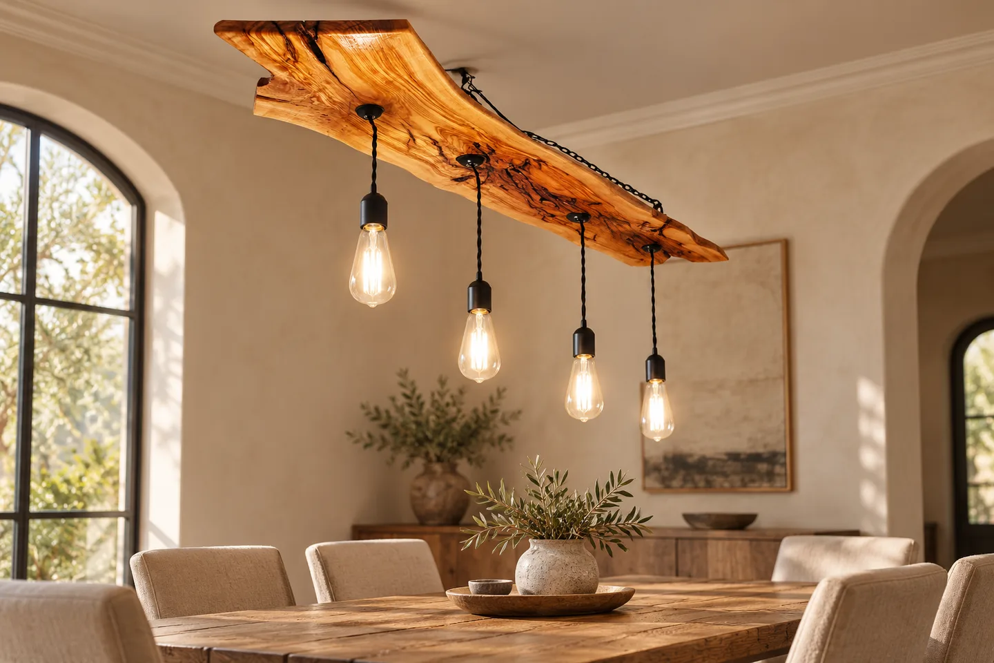 Olive wood pendant chandelier visualized above a dining table in an illustrative room