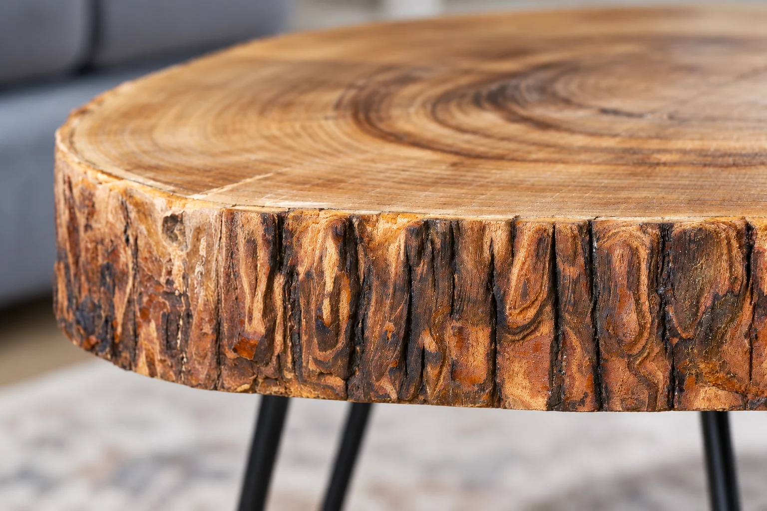 Enhanced close-up of the textured walnut bark edge and tabletop grain