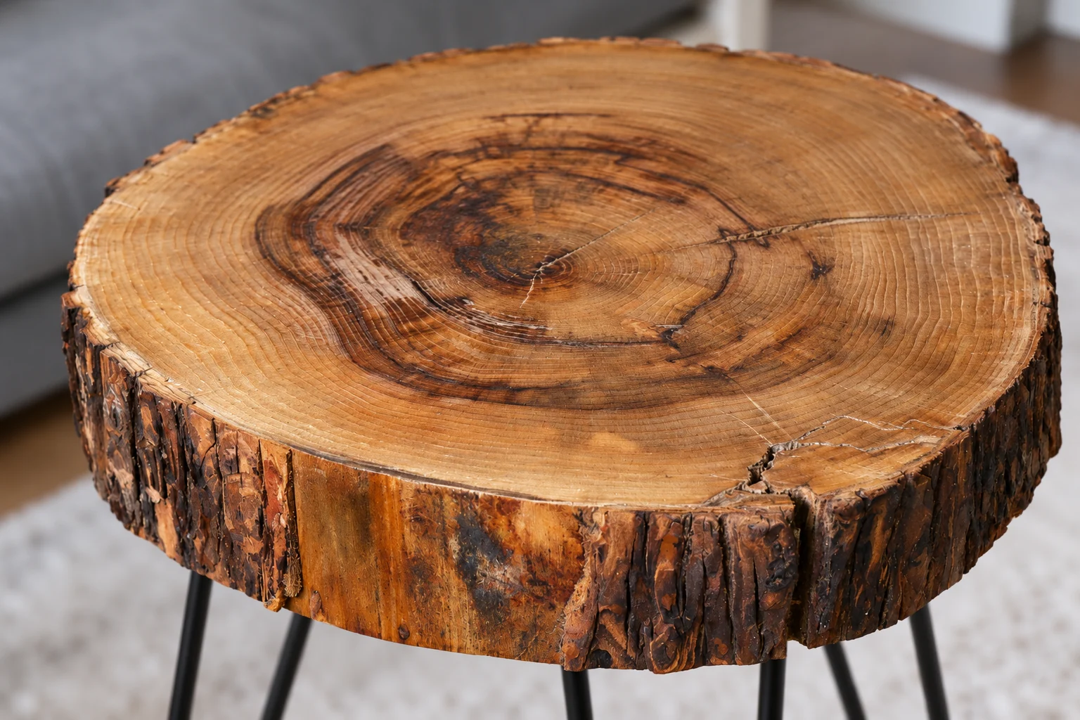 Enhanced close-up of growth rings and natural fissures on the walnut tabletop