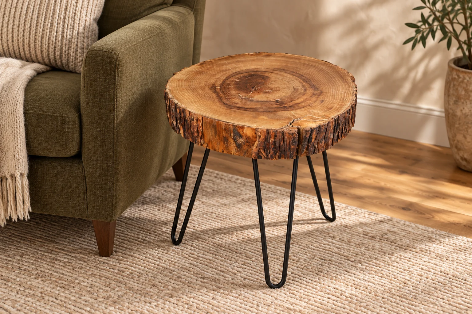 Rustic walnut coffee table beside an olive chair in a styled farmhouse reading corner