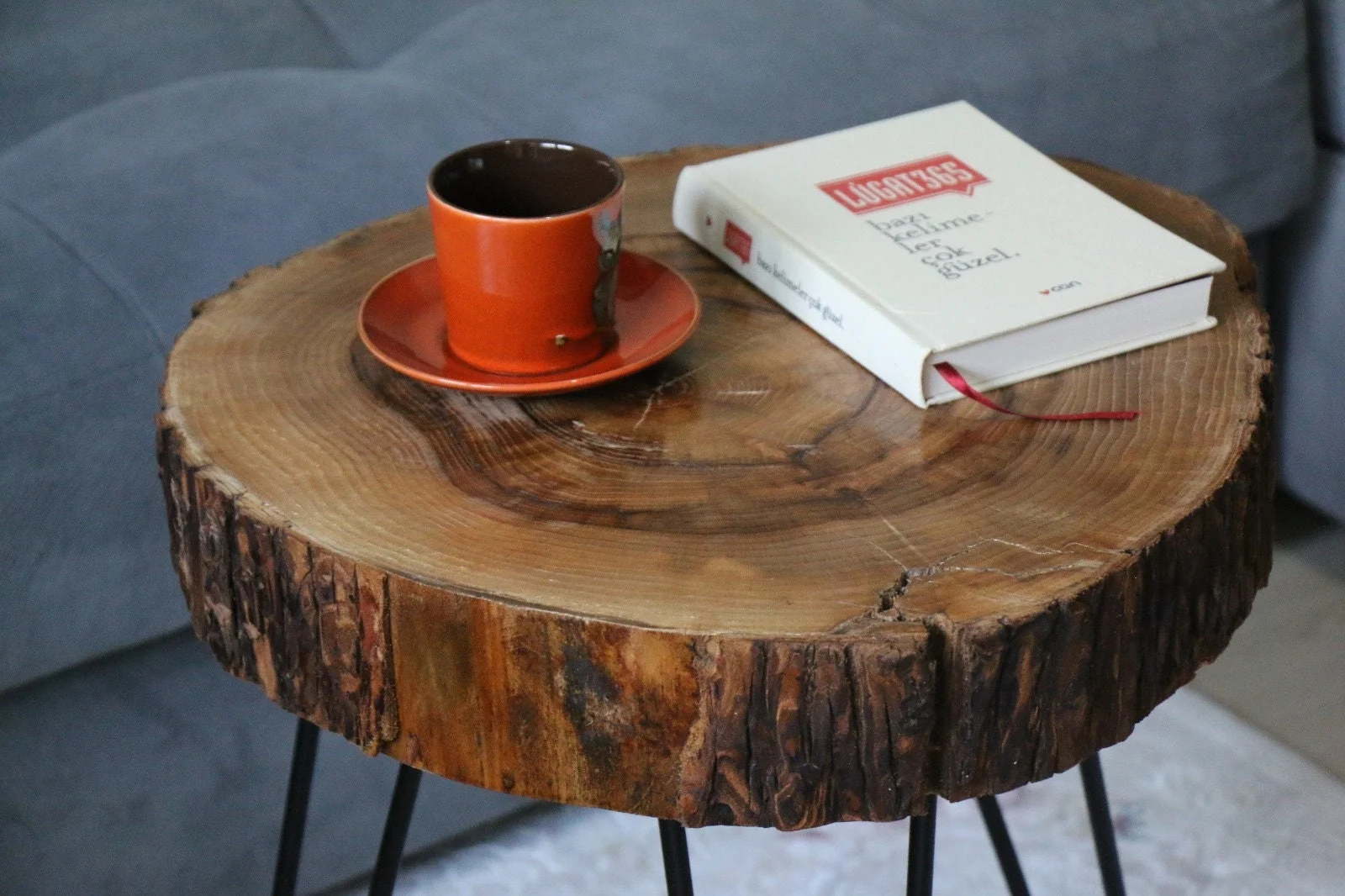 Close view of growth rings and natural fissures on a round walnut slab coffee table