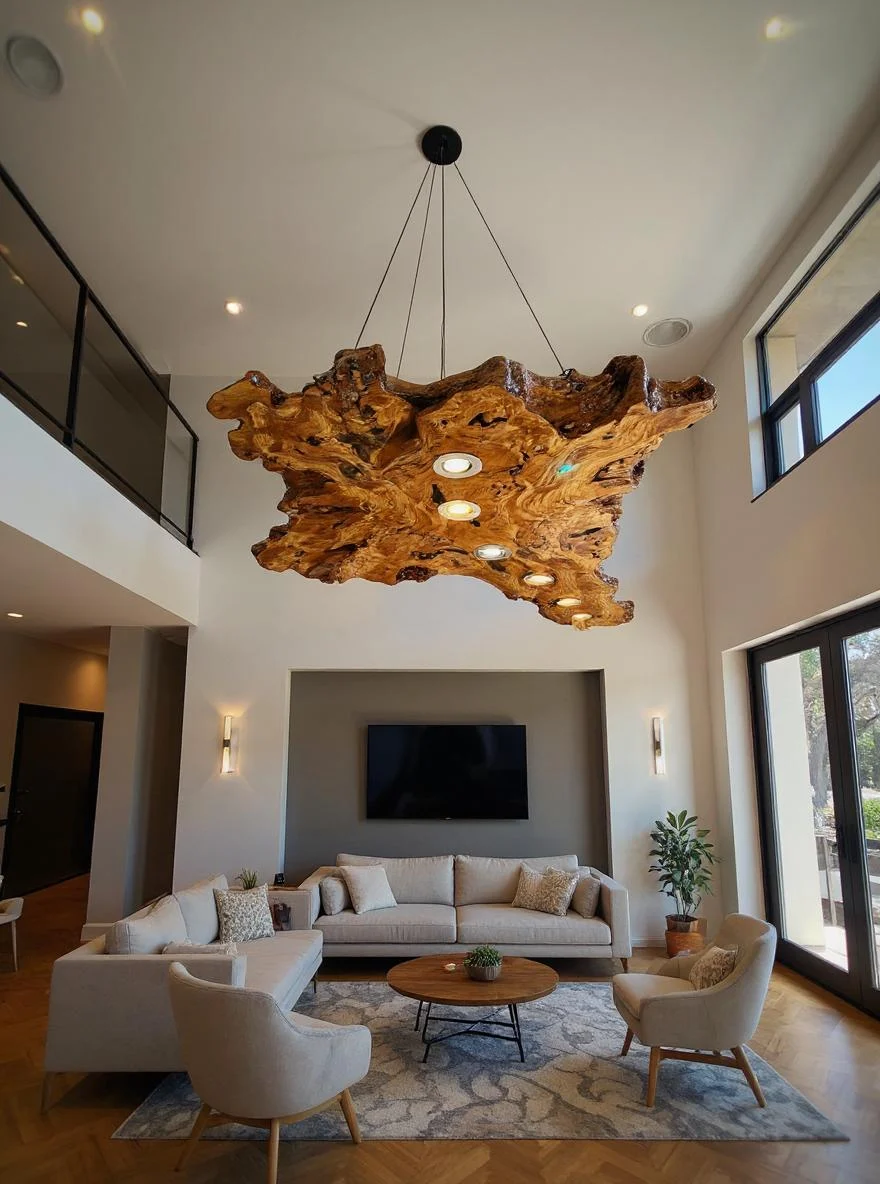 Sculptural live edge wood chandelier with inset lights