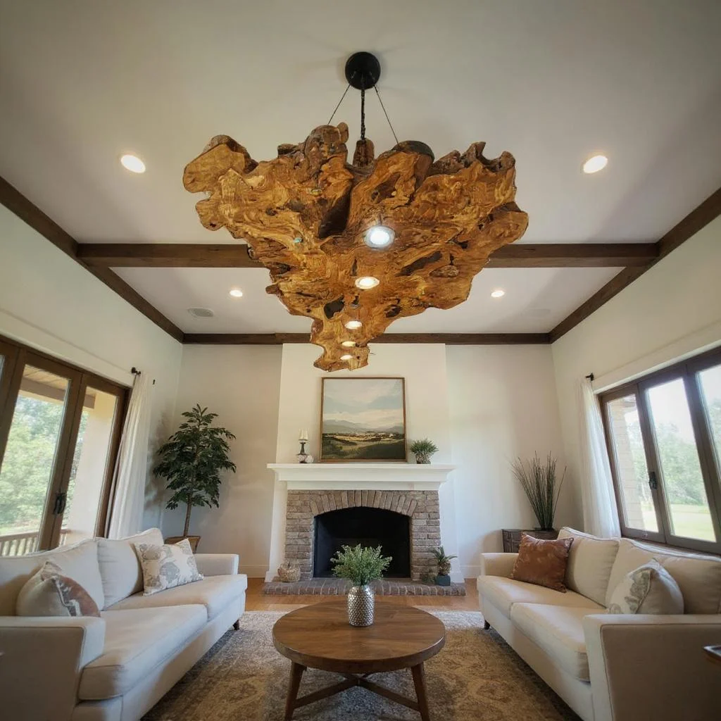 Underside of an organic wood chandelier with recessed lighting