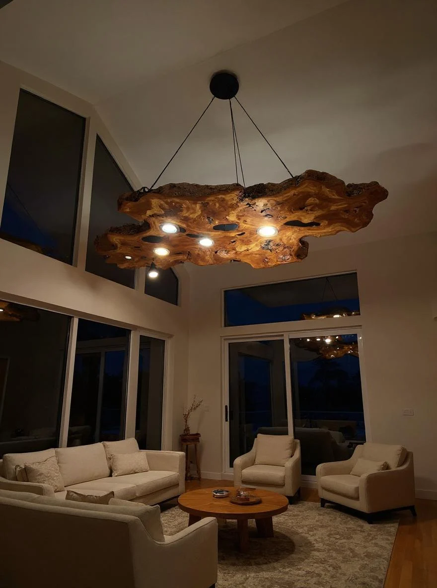 Live edge chandelier illuminated in an illustrative room at night