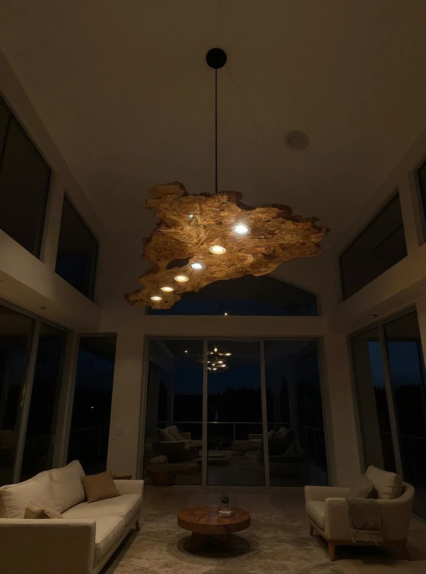 Long sculptural wood chandelier with warm inset lights