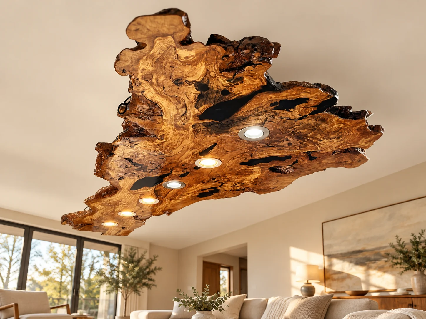 Sculptural live edge wood chandelier with six recessed spotlights in a digitally styled living room