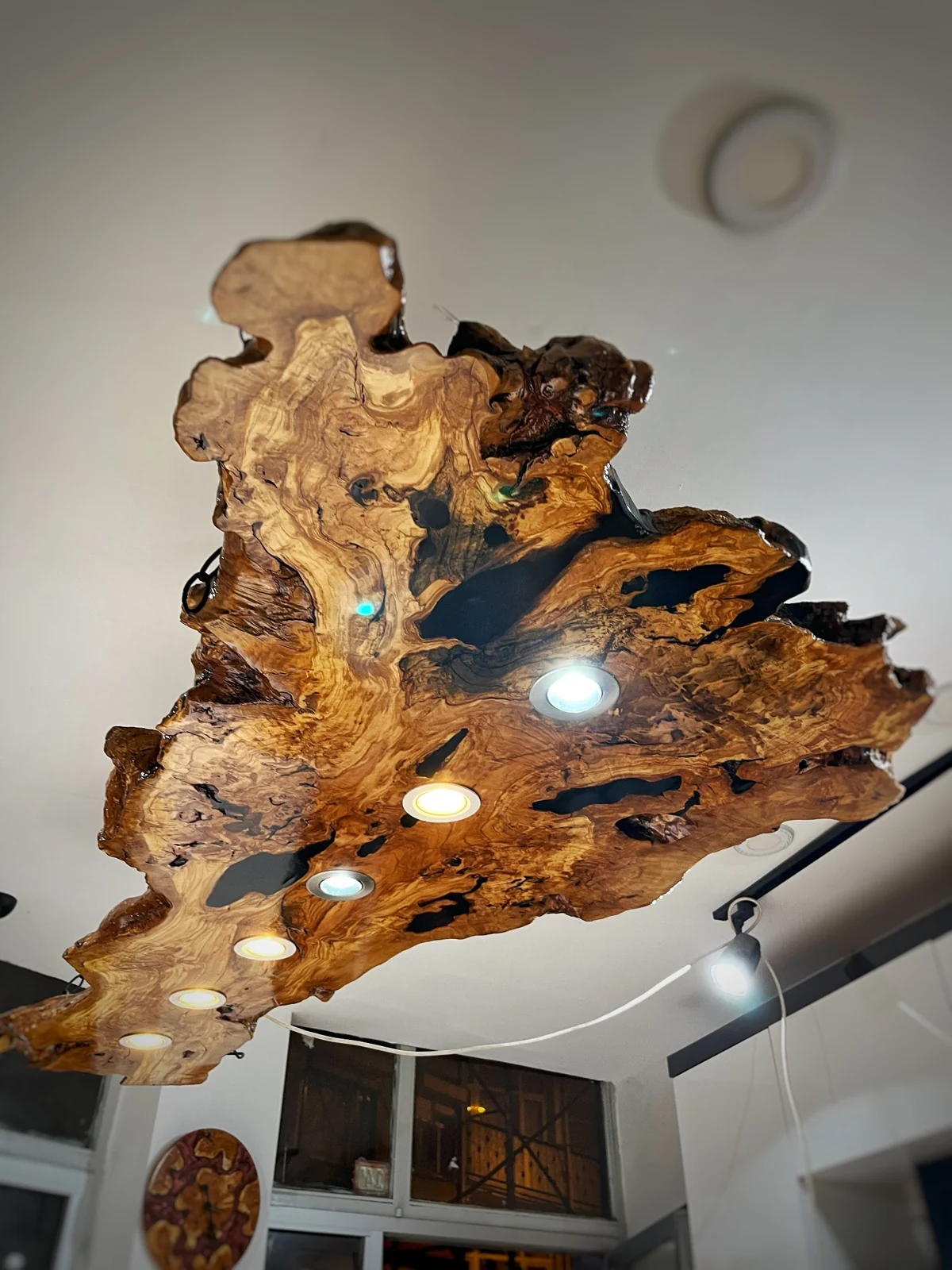 Original underside photograph of sculptural wood chandelier with six inset spotlights