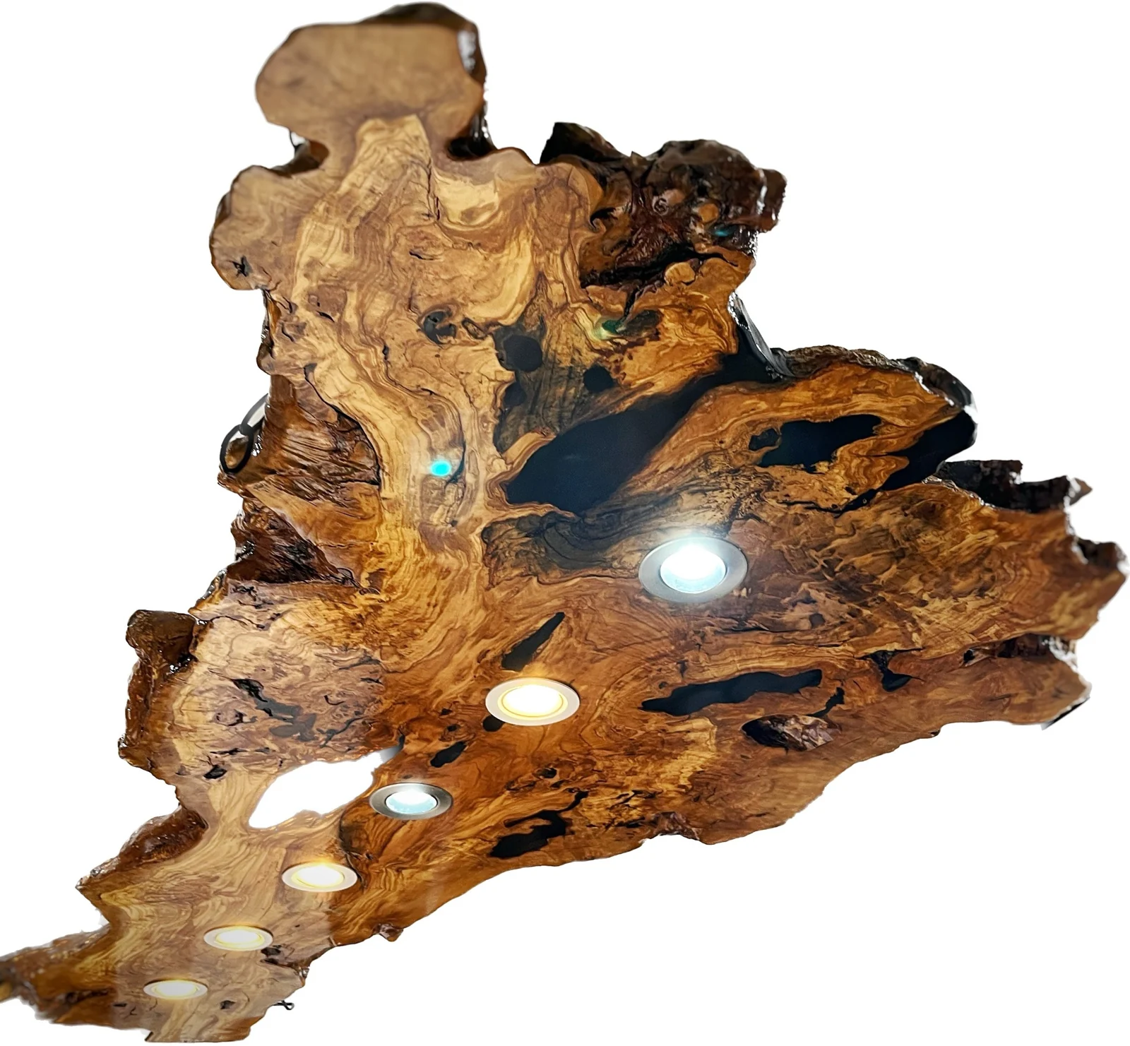 Original supplied white-background view of the sculptural live edge wood chandelier