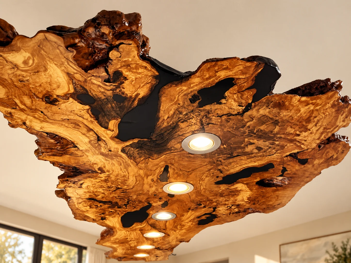 Close-up of natural wood grain and recessed spotlights in a digitally styled room