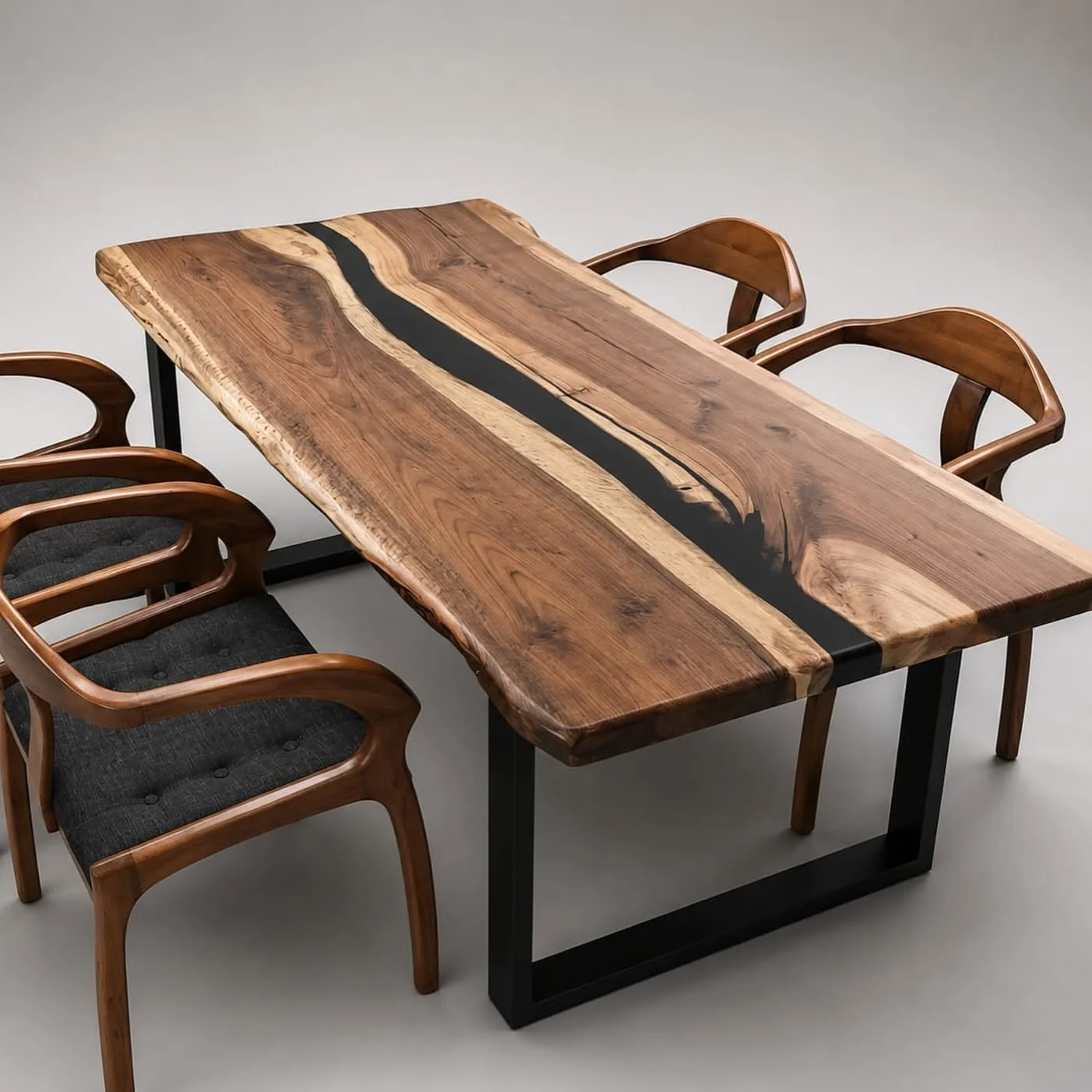 Walnut black epoxy river dining table on rectangular black metal legs; chairs not included
