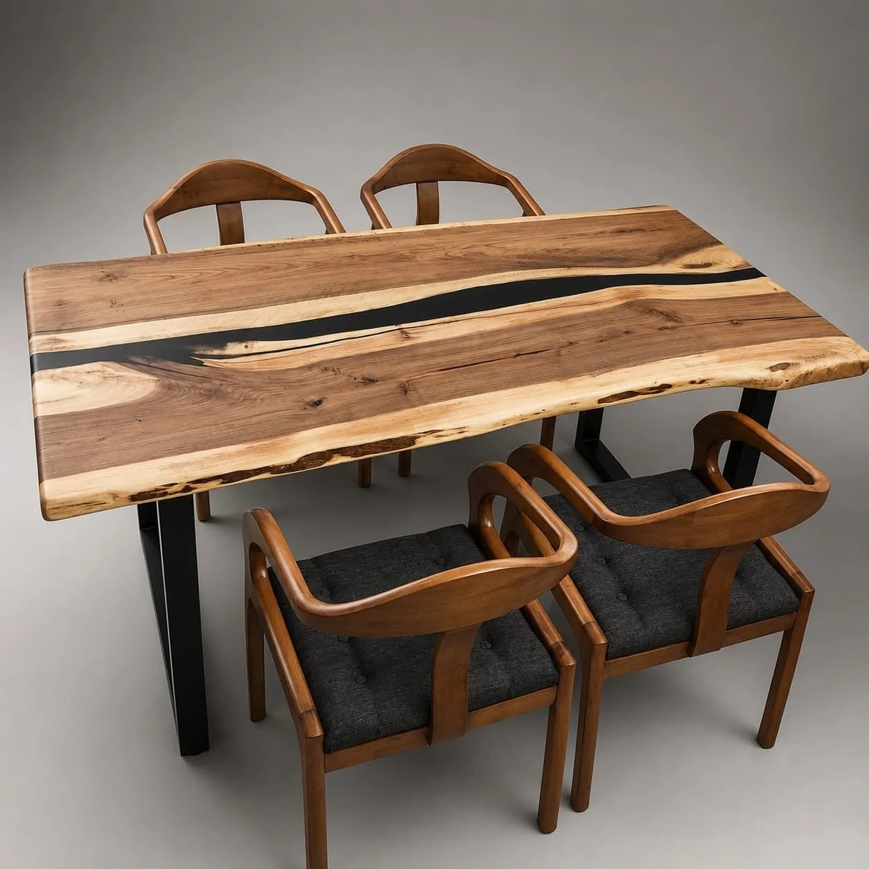Natural live edge walnut dining table with irregular black resin channel; chairs not included