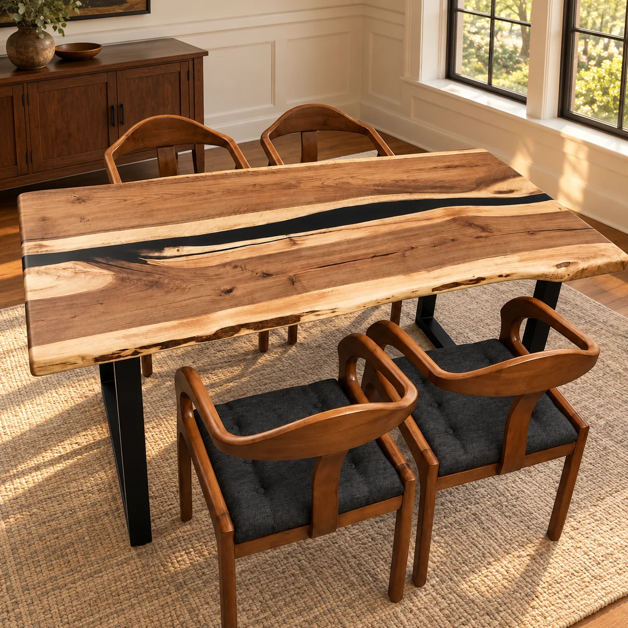 Live edge walnut black resin dining table in a digitally styled warm home setting; chairs not included