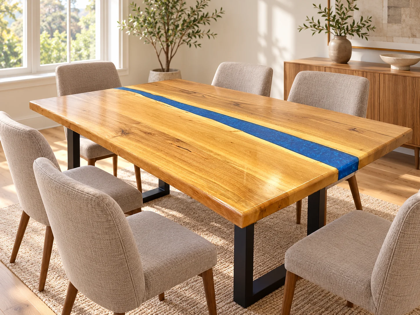 Walnut blue epoxy river dining table with black metal legs in a digitally styled dining room