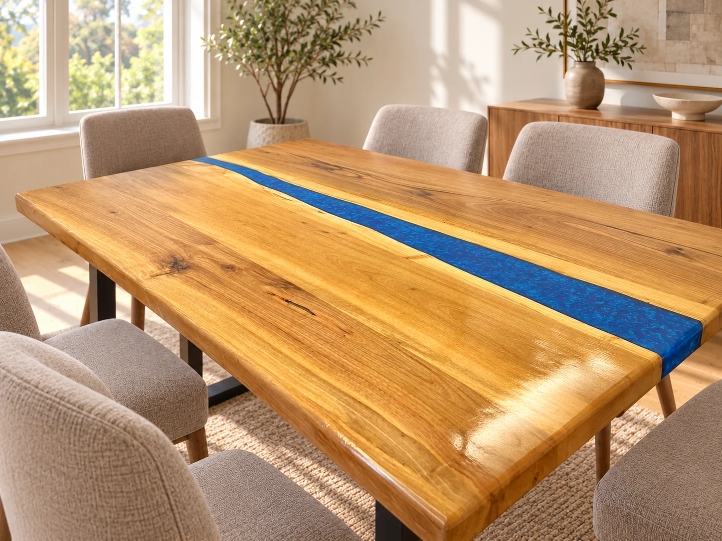 Close-up of walnut grain and blue epoxy river in a digitally styled dining room