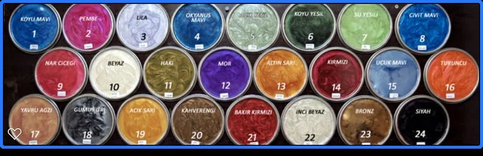 Numbered epoxy resin color reference chart for custom table inquiries